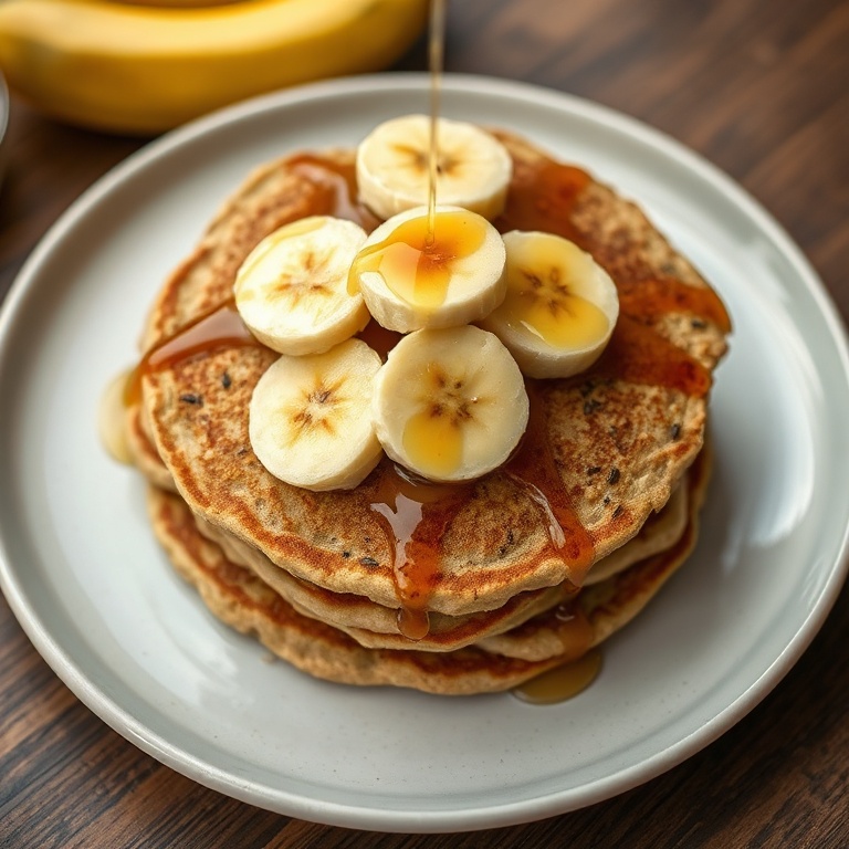 One perfectly plated banana oatmeal pancake. Topped with fresh banana slices and a drizzle of maple syrup.