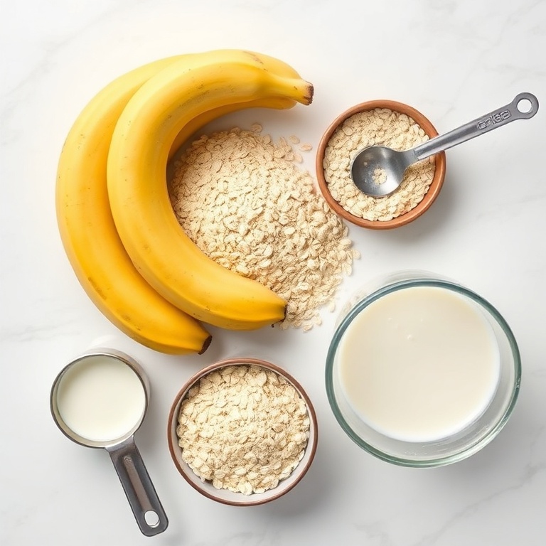 Raw ingredients for 3 ingredient banana oatmeal pancakes: ripe bananas, rolled oats, and milk. Measuring cups and a mixing bowl nearby.