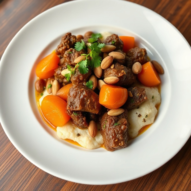 A perfectly plated beef tagine with apricots and almonds on a white porcelain plate. A sprinkle of cilantro on top. Warm lighting highlights the texture and color.