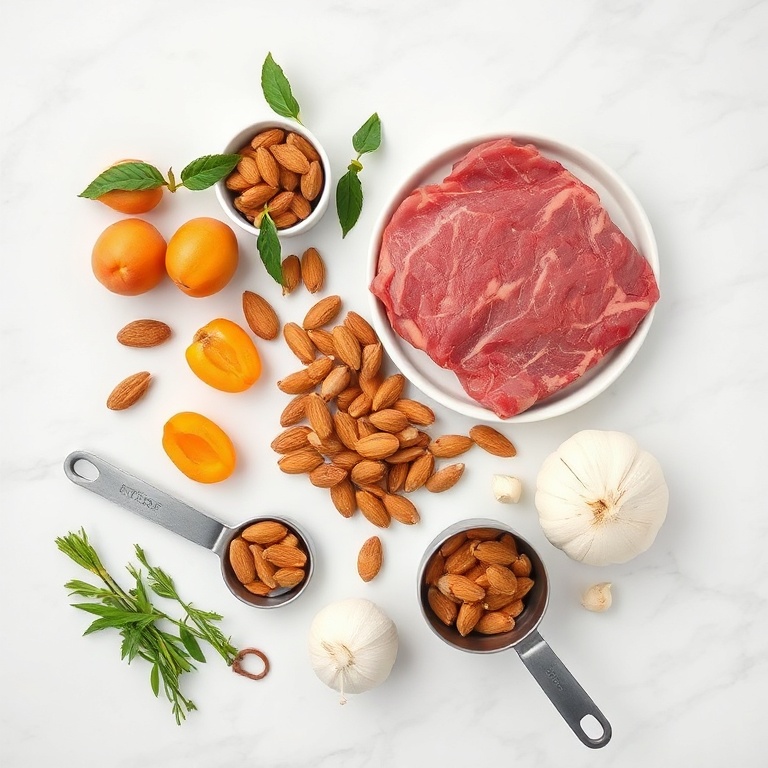 Fresh beef, apricots, almonds, onions, garlic, and spices arranged in a flat lay. Measuring spoons and bowls visible on a white marble surface.