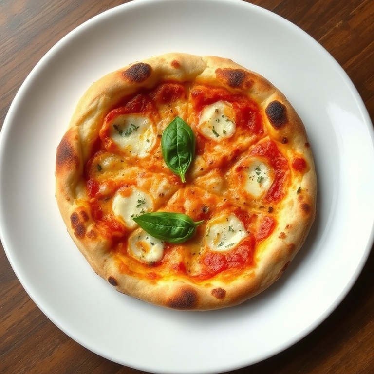 One golden Neapolitan pizza crust with basil garnish on a round white plate, close crop, crust texture glistening in warm light.
