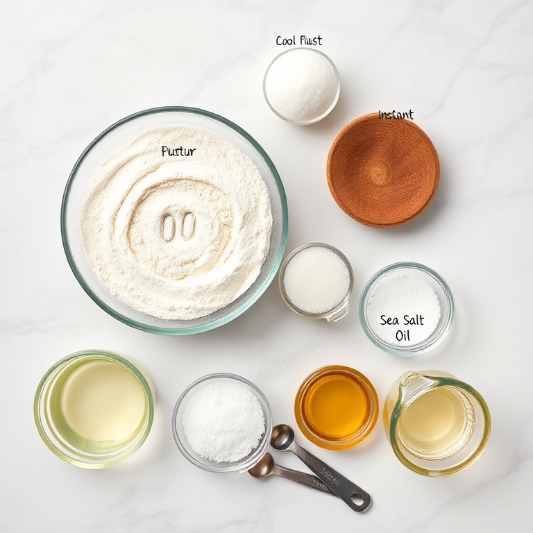 Overhead view of flour, water, yeast, salt, and olive oil with bowls and spoons on white marble for authentic Neapolitan pizza dough.