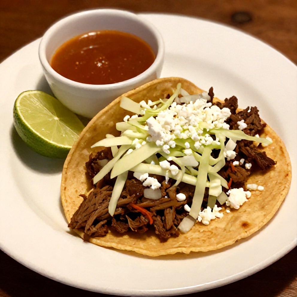A beautifully plated birria taco with a side of consommé for dipping