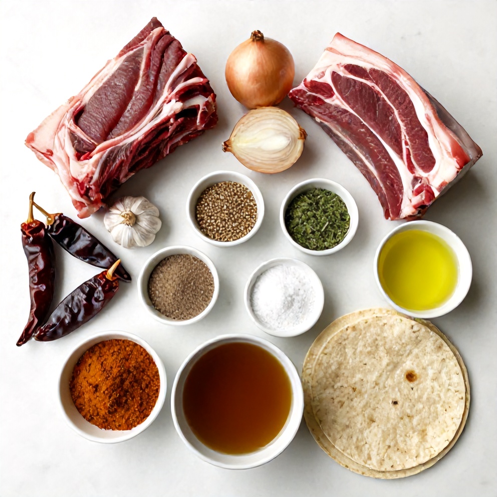 An overhead shot of all the raw ingredients for birria tacos, including meat, spices, and tortillas