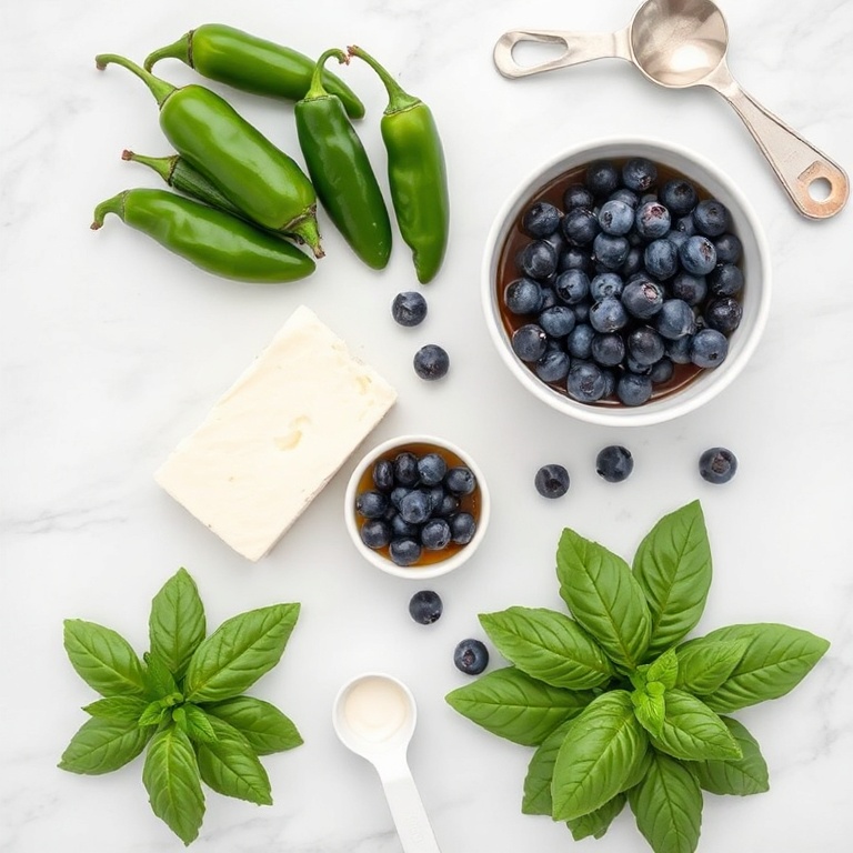 Overhead shot of jalapeños, brie, blueberries, honey, and basil arranged neatly. Measuring spoons and bowls add context to the recipe.
