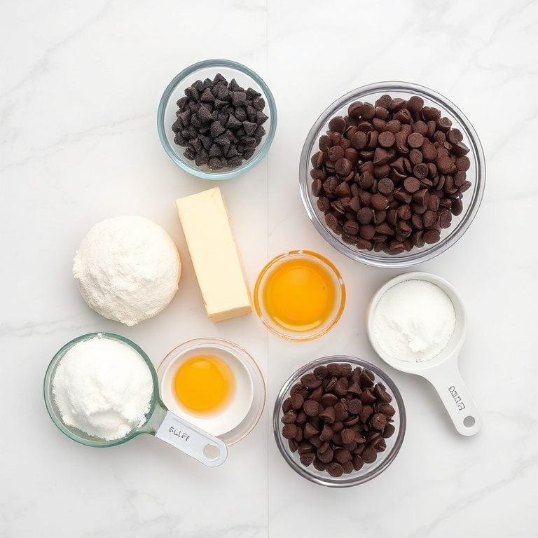 Flour, sugar, butter, chocolate chips, eggs, baking soda, salt, vanilla extract
