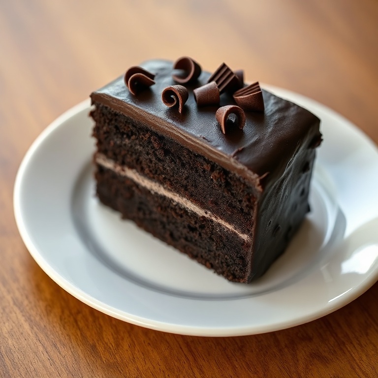 One plated slice of black velvet cake garnished with chocolate curls on a white dessert plate, layers and creamy frosting highlighted by side light.