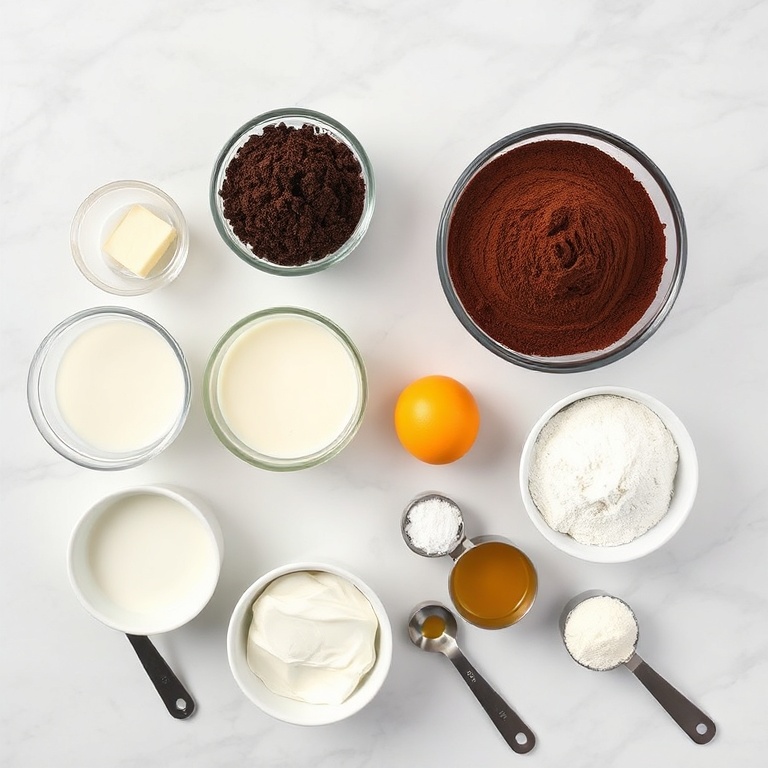 All raw ingredients for black velvet cake including black cocoa powder, flour, sugar, buttermilk, eggs, and butter arranged overhead.