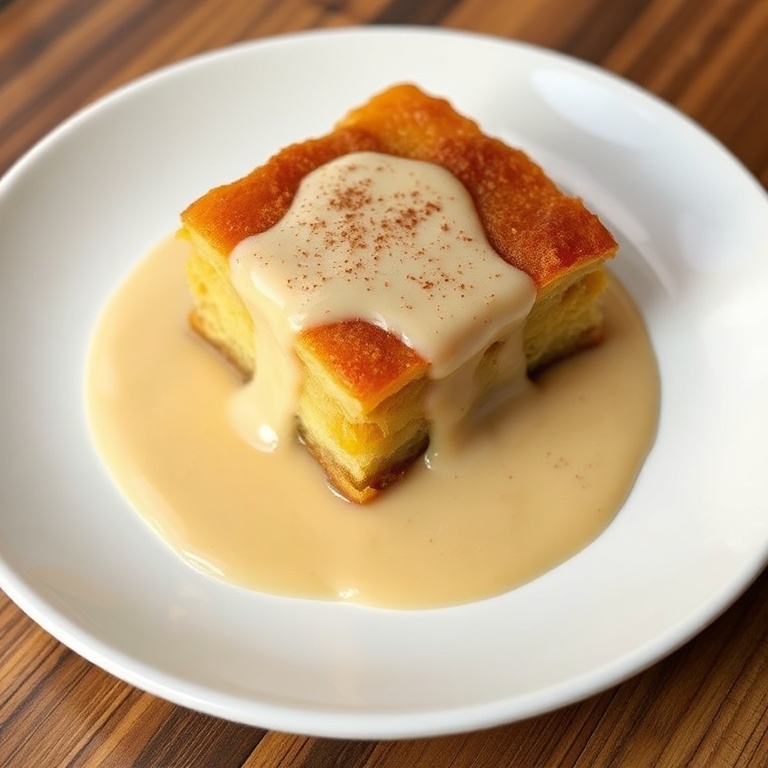 Perfectly plated irish apple cake with a creamy custard sauce. Garnished with cinnamon. White ceramic plate. Warm side lighting showing texture.