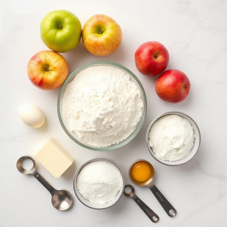 All raw ingredients for best crispy irish apple cake. Apples, flour, butter, sugar, eggs, cinnamon. Measuring spoons and cups visible. White marble surface. Bright even light.