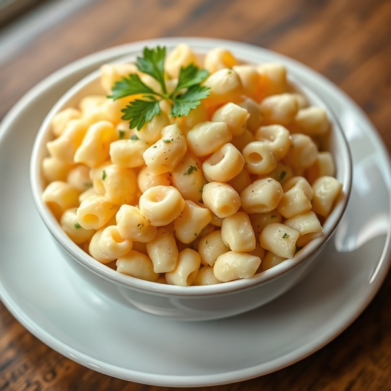 Macaroni salad in a white bowl. Garnished with parsley. Close crop showing texture. Warm lighting. Plate with subtle pattern.