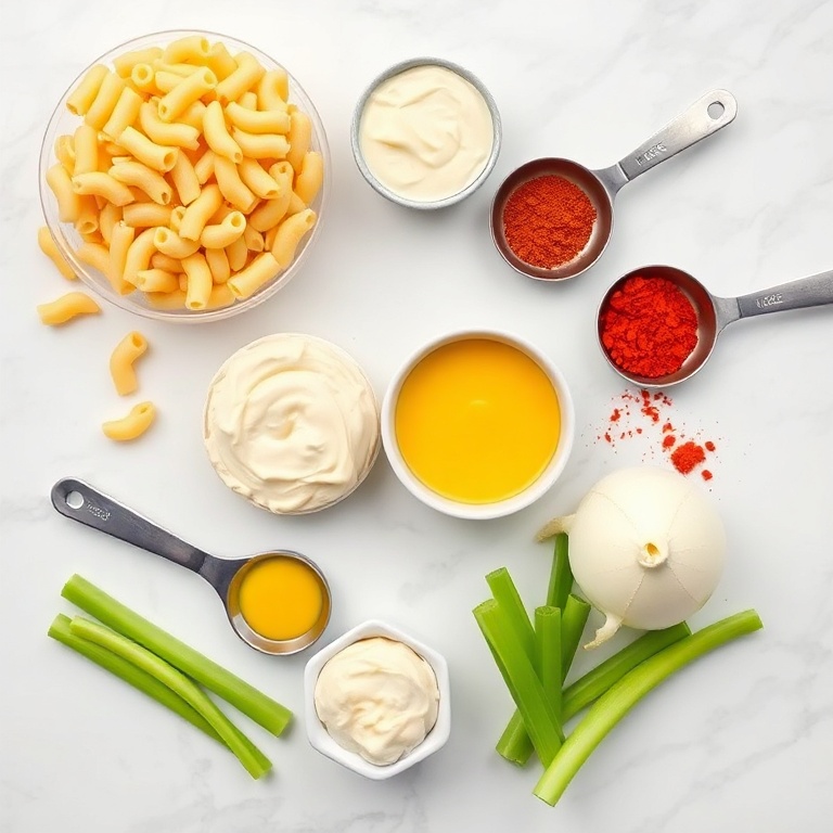 Macaroni, mayonnaise, mustard, celery, onion, and paprika arranged in a flat lay. Measuring spoons and bowls visible. White marble surface.