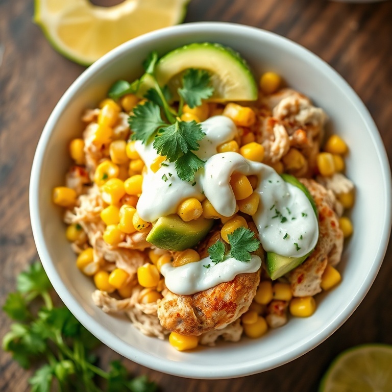 Perfect chicken bowl with crispy corn, avocado, cilantro, and lime crema. Served in a white bowl with warm lighting showing texture.