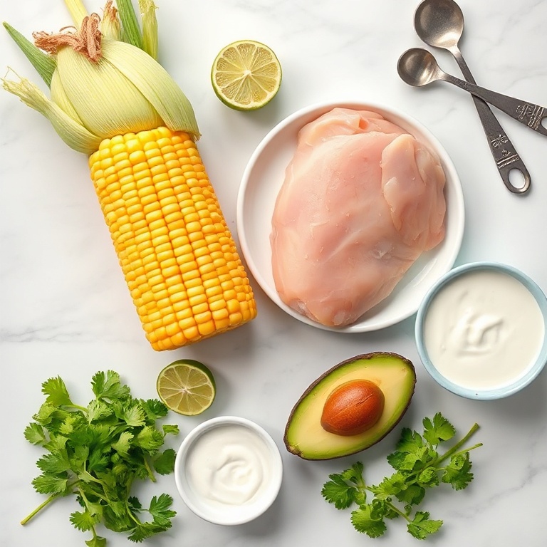 Fresh corn on the cob, chicken breast, avocado, lime, cilantro, and crema arranged in a flat lay. Measuring spoons and bowls nearby.