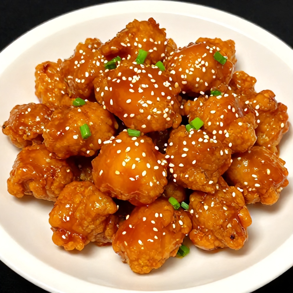 Plated orange chicken with green onions and sesame seeds