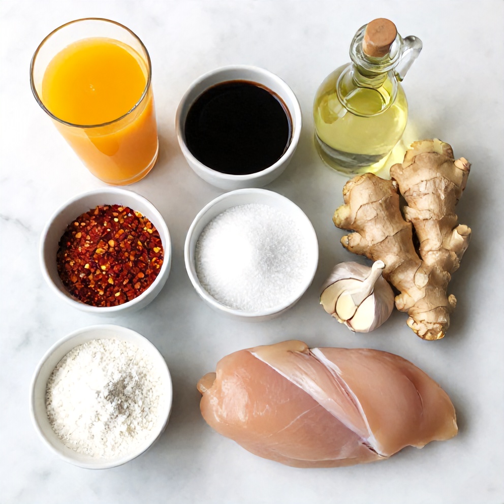 Orange chicken ingredients: chicken, orange juice, soy sauce, garlic, ginger, cornstarch, sugar, red pepper flakes