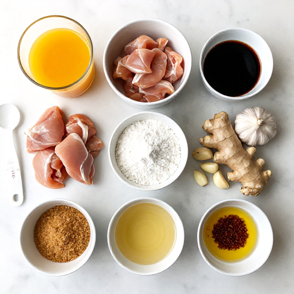 Raw ingredients for orange chicken: chicken, orange juice, soy sauce, garlic, ginger, cornstarch, brown sugar, rice vinegar, sesame oil, red pepper flakes