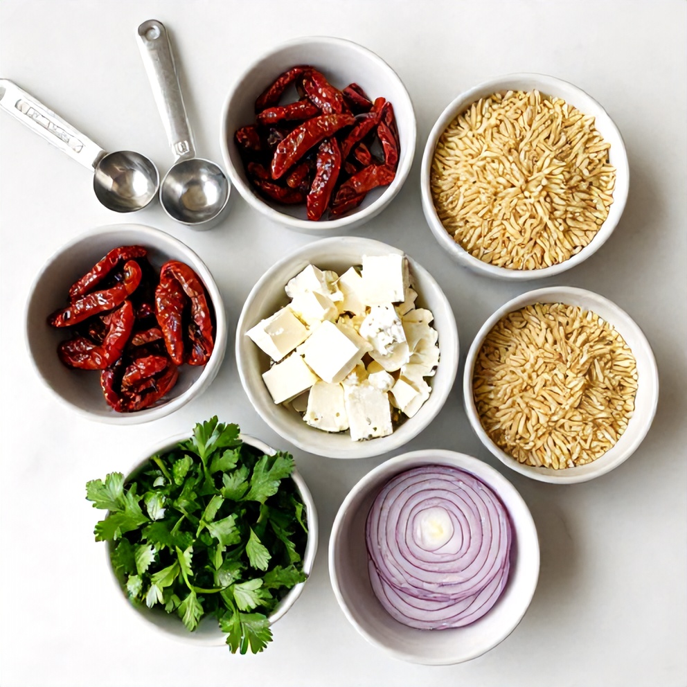 Raw ingredients for Orzo Salad with Sun-Dried Tomatoes and Feta