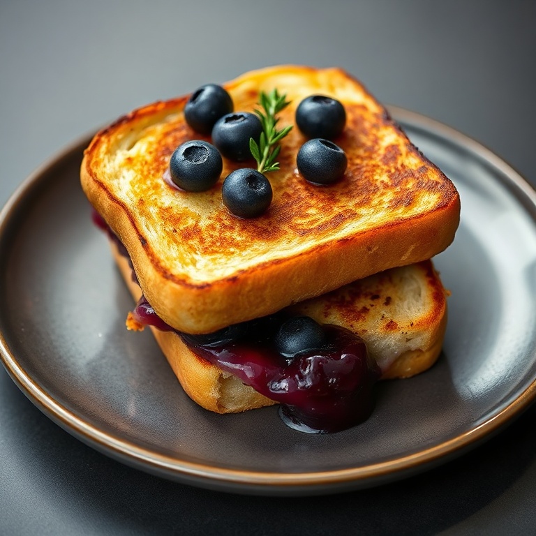 A perfectly plated blueberry grilled cheese with lemon thyme jam. The top is golden, and the bottom is crispy. A sprig of thyme adds a fresh garnish.