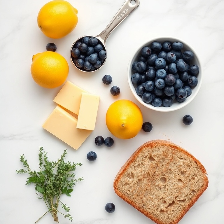 Fresh blueberries, cheddar cheese, lemons, thyme, and bread arranged in a flat lay. Measuring tools and bowls visible.