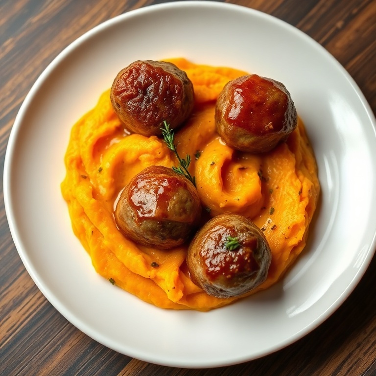 Perfectly plated bourbon maple pork meatballs with creamy sweet potato mash. Garnished with fresh thyme. A white ceramic plate. Warm side lighting highlighting texture. Photorealistic food photography.