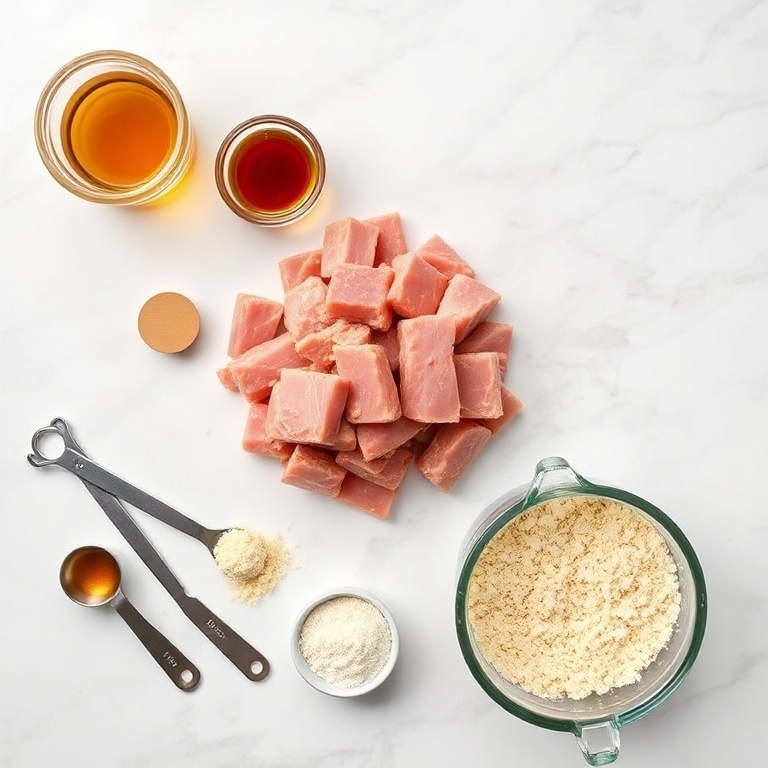 Overhead flat lay of ground pork, maple syrup, bourbon, garlic, breadcrumbs, and sweet potatoes. Measuring spoons, a mixing bowl, and a whisk visible. White marble surface. Bright even light. Photorealistic food photography.