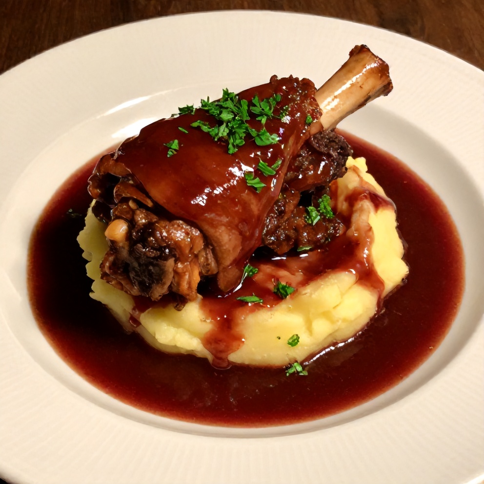 Plated Braised Lamb Shanks with Red Wine Sauce