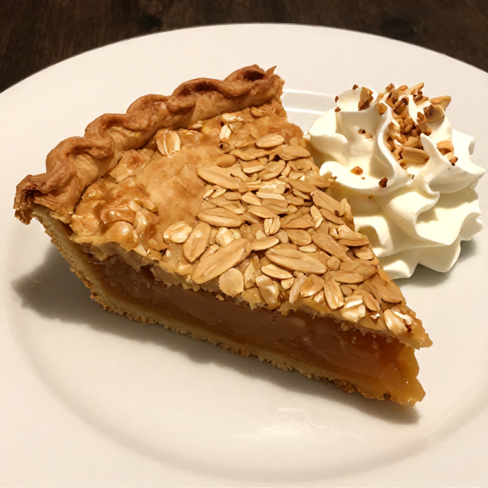 Sliced Burnt Honey Pie with Flaky Oat Crust on a plate