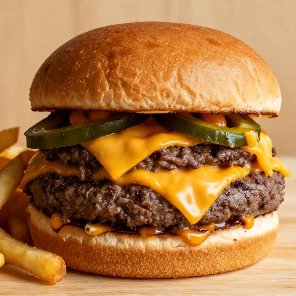 Plated Cheddar Jalapeño Burger with a side of fries