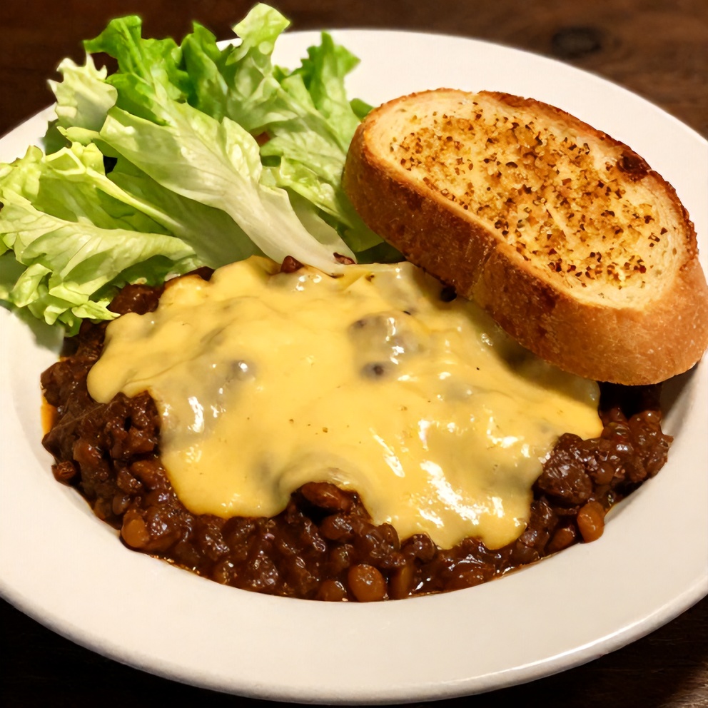 Cheesy Sloppy Joe Garlic Bread plated with a side of lettuce