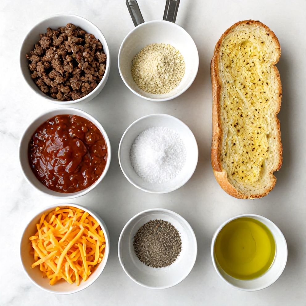Ingredients for Cheesy Sloppy Joe Garlic Bread on a marble counter