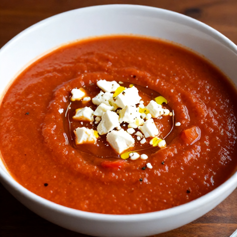 Plated serving of Chilled Mediterranean Tomato and Roasted Pepper Soup