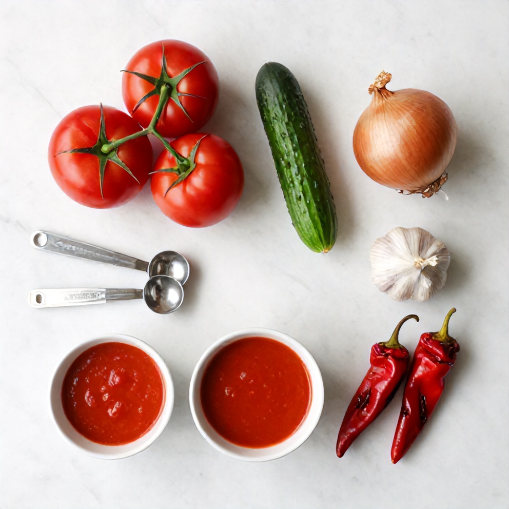 Raw ingredients for Chilled Mediterranean Tomato and Roasted Pepper Soup