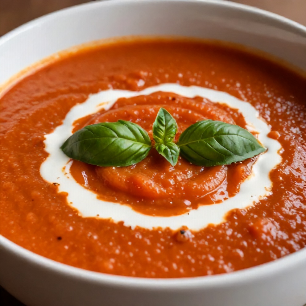 Chilled Roasted Tomato Basil Soup with Coconut Cream