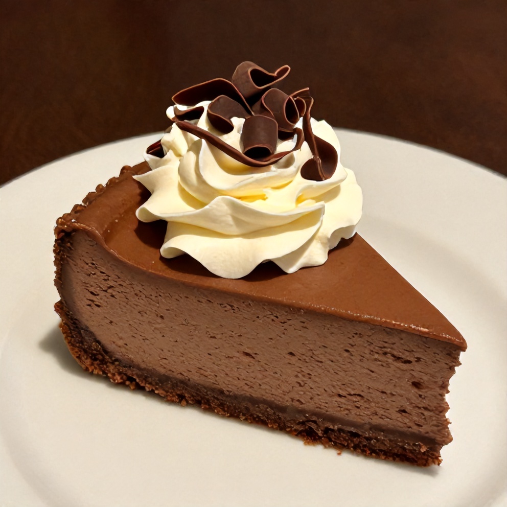 Sliced chocolate orange cheesecake with whipped cream and chocolate curls