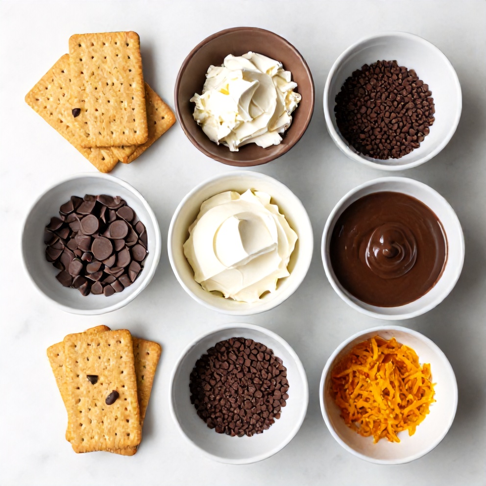 Graham crackers, cream cheese, chocolate chips, orange zest, and other ingredients for chocolate orange cheesecake