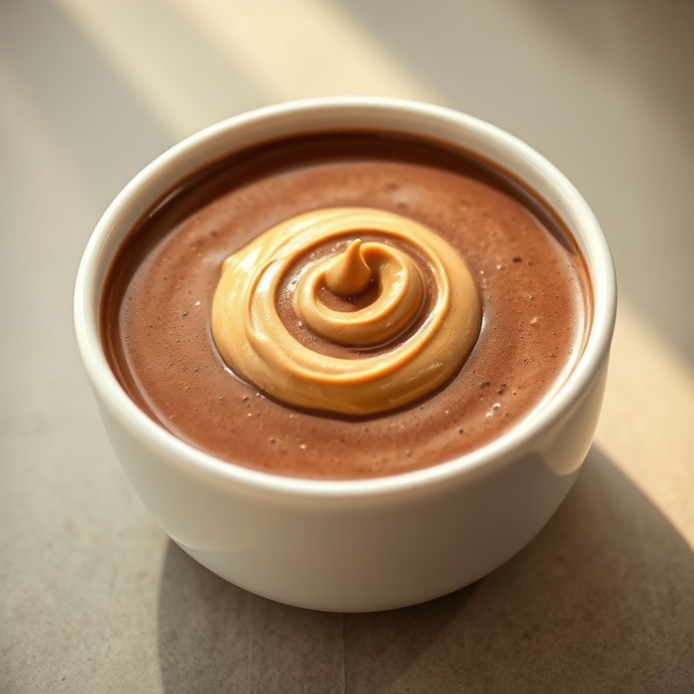 A single serving of chocolate peanut butter protein smoothie in a white ceramic bowl. A swirl of peanut butter on top. Warm side lighting shows the deep color and smooth texture. No text or watermark.