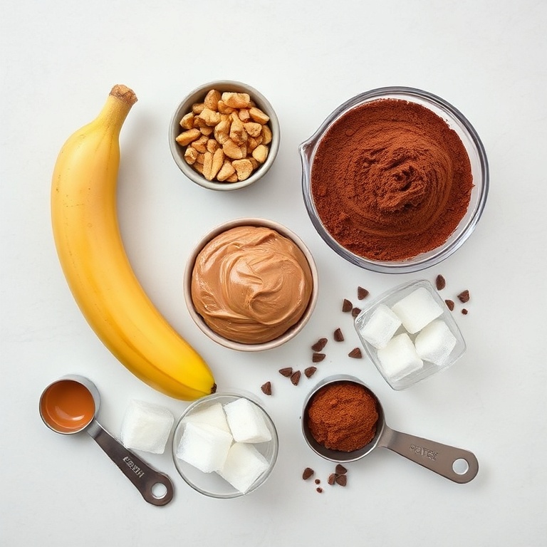 All raw ingredients for a chocolate peanut butter protein smoothie arranged in an overhead flat lay. Fresh banana, peanut butter, cocoa powder, protein powder, and ice cubes. Measuring spoons and cups visible. Bright even light.