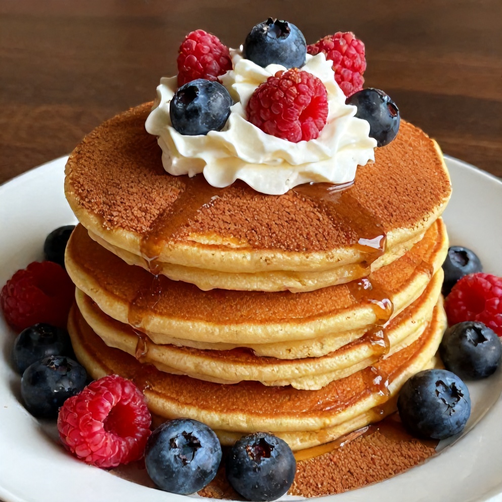 Stack of cinnamon sugar churro pancakes with whipped cream and fresh berries