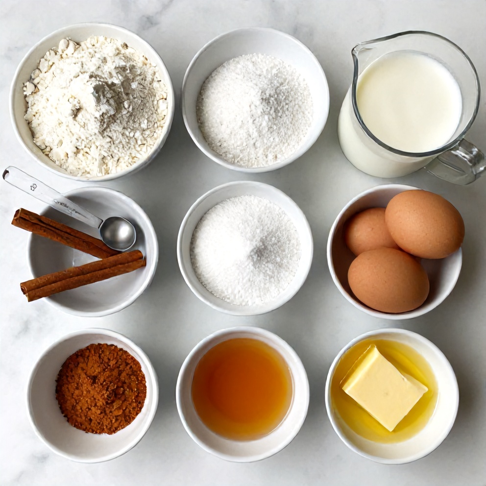 Raw ingredients for cinnamon sugar churro pancakes arranged on a marble surface