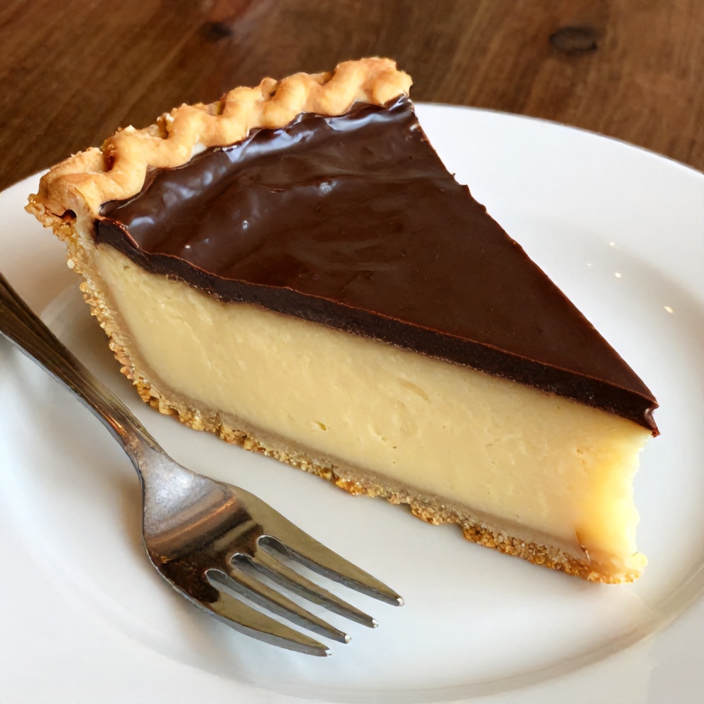Boston Cream Pie slice with custard and chocolate glaze