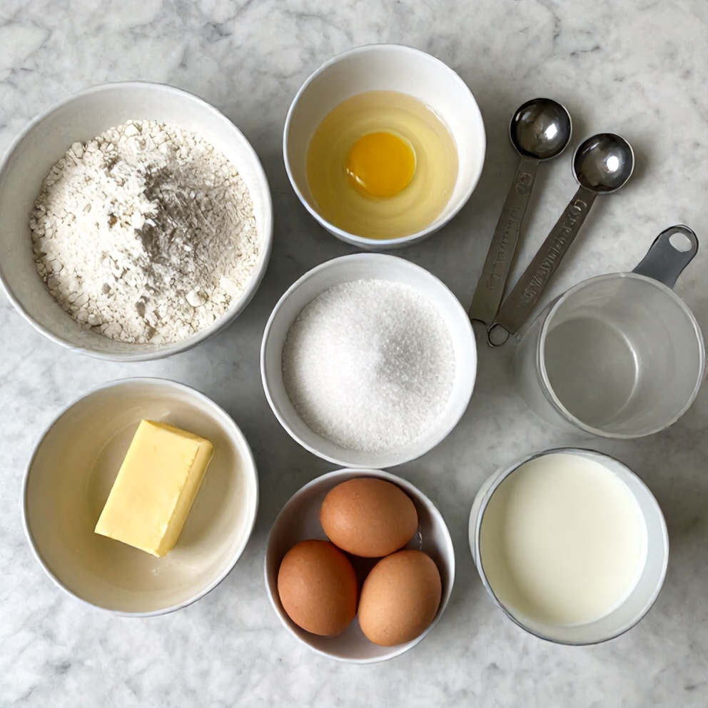 Boston Cream Pie ingredients on a marble counter