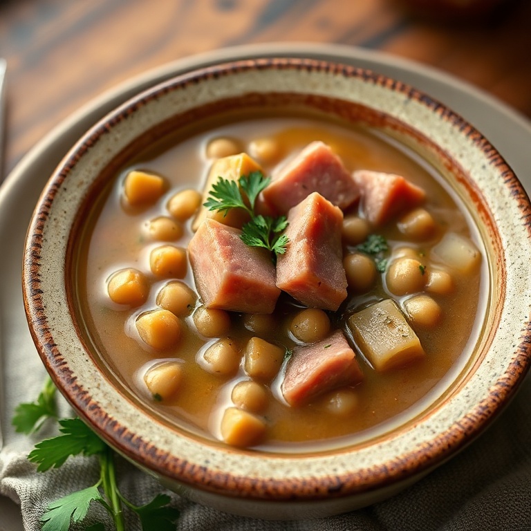 A plate of ham and split pea soup with a sprinkle of parsley. A rustic ceramic bowl shows the deep, comforting colors of the dish.