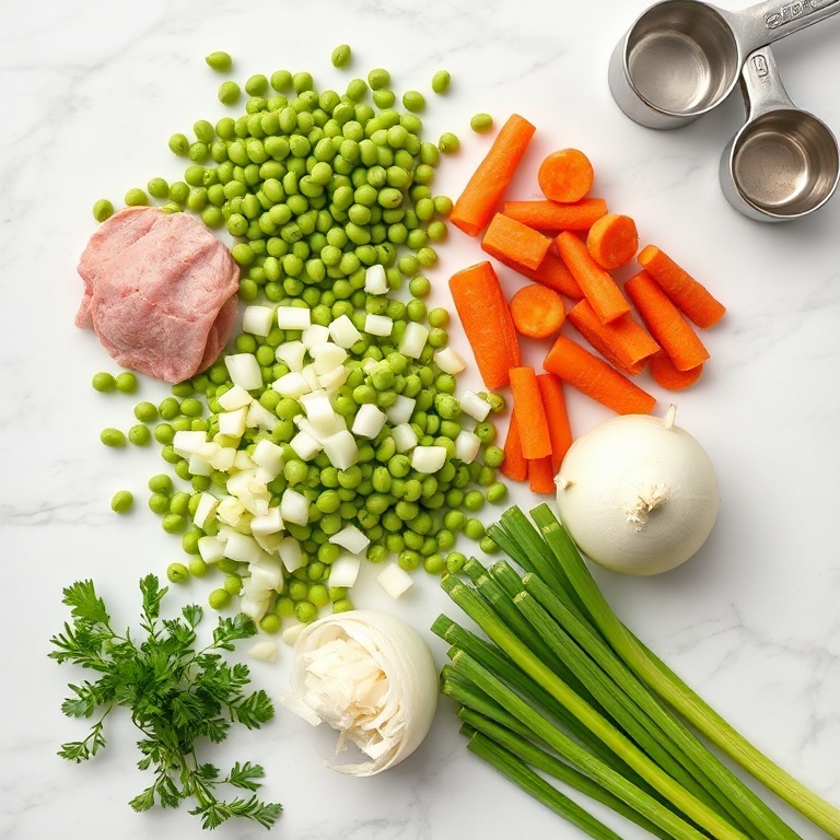 A flat lay of ham, split peas, onions, carrots, and celery. Measuring spoons and cups sit nearby on a white marble surface.