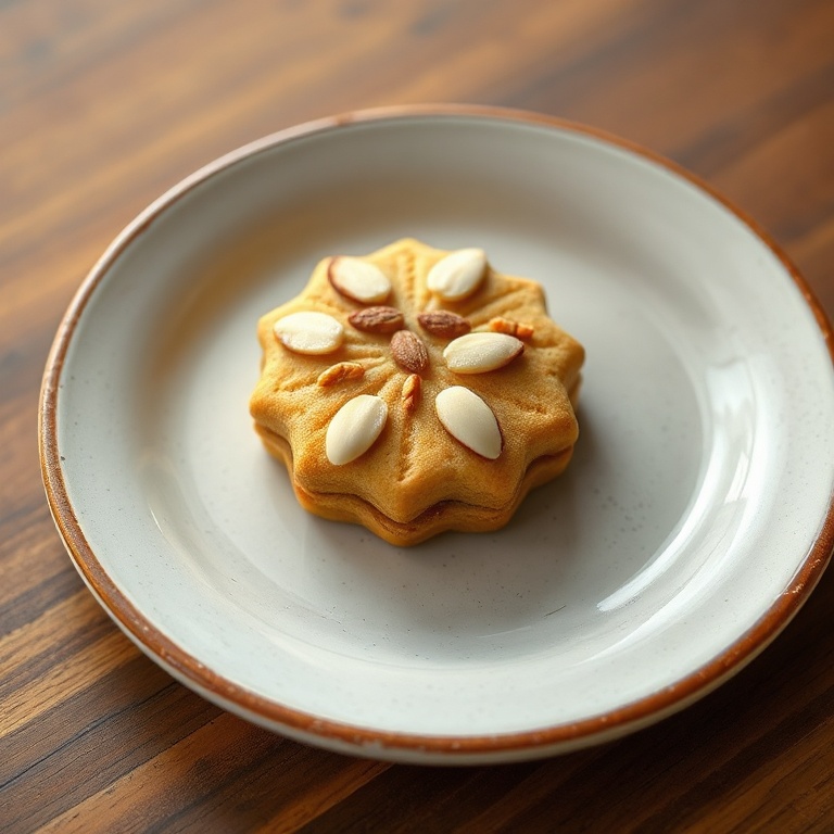 One speculaas cookie with sliced almond garnish on small rustic ceramic plate, crisp edges glistening under warm window light