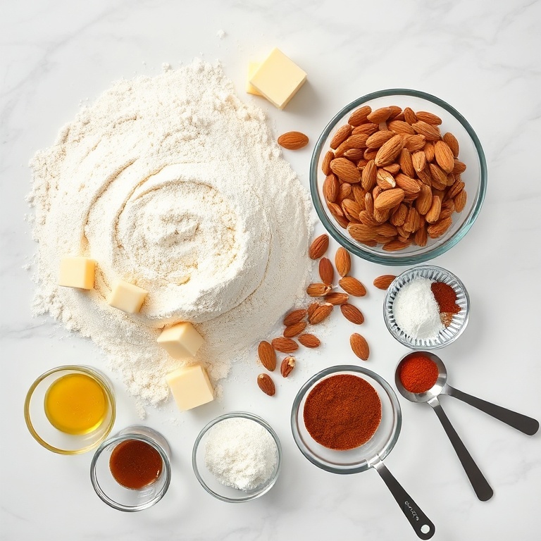 Overhead of flour, butter, brown sugar, spices, and sliced almonds with small prep bowls and measuring spoons on white marble
