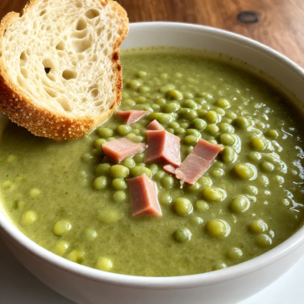 Bowl of classic split pea soup with a slice of bread
