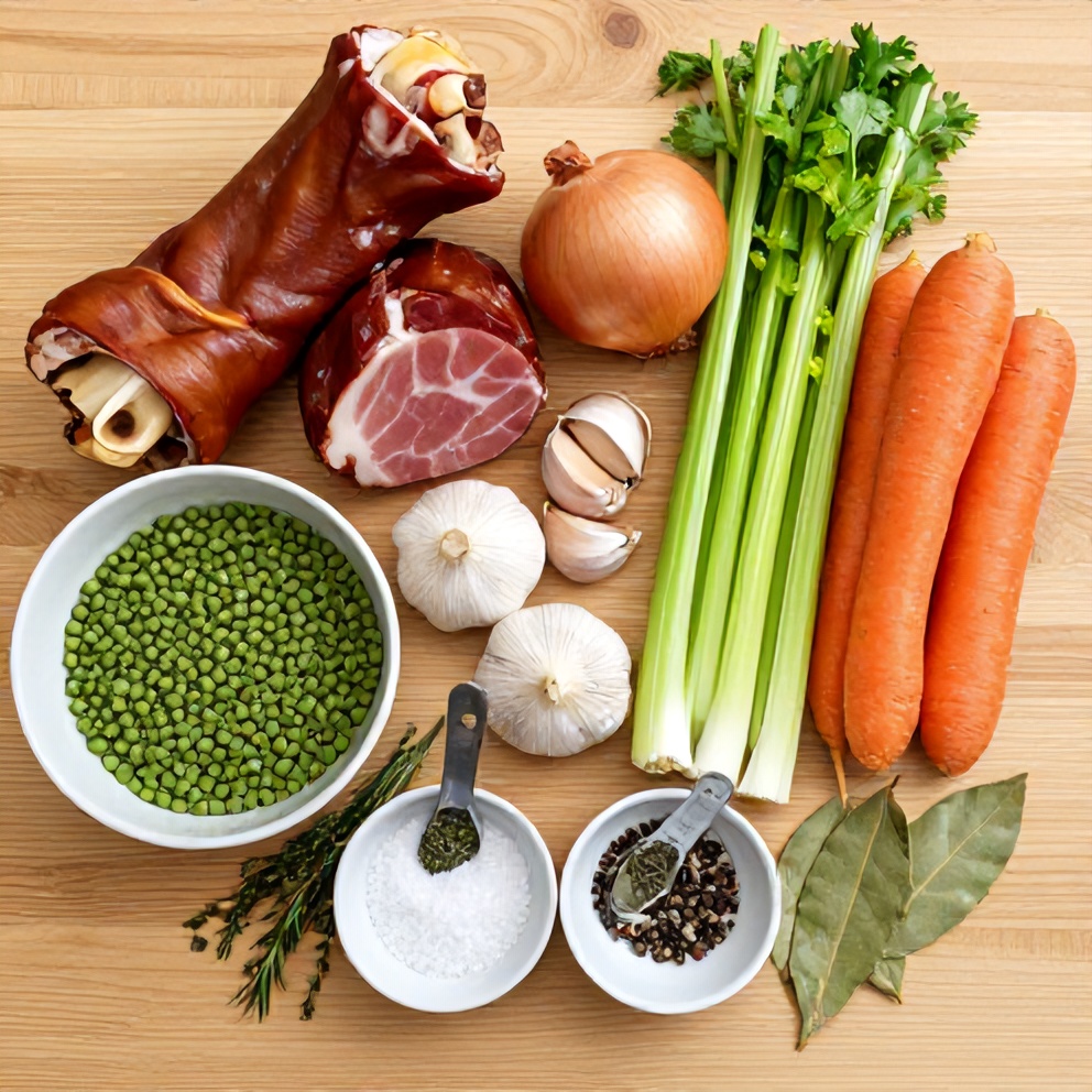 Split pea soup ingredients on a wooden surface