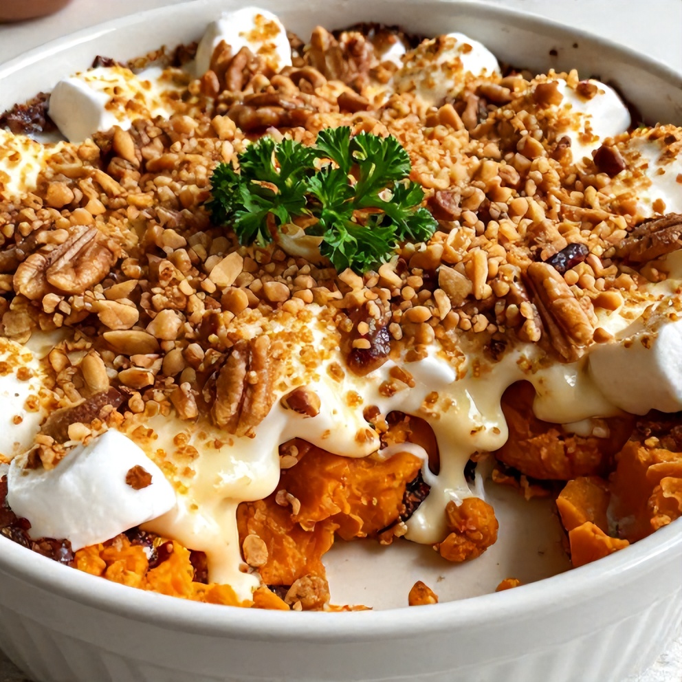 Plated Classic Sweet Potato Casserole with Pecan Topping