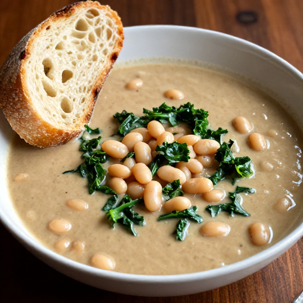Bowl of white bean and kale soup with a slice of bread